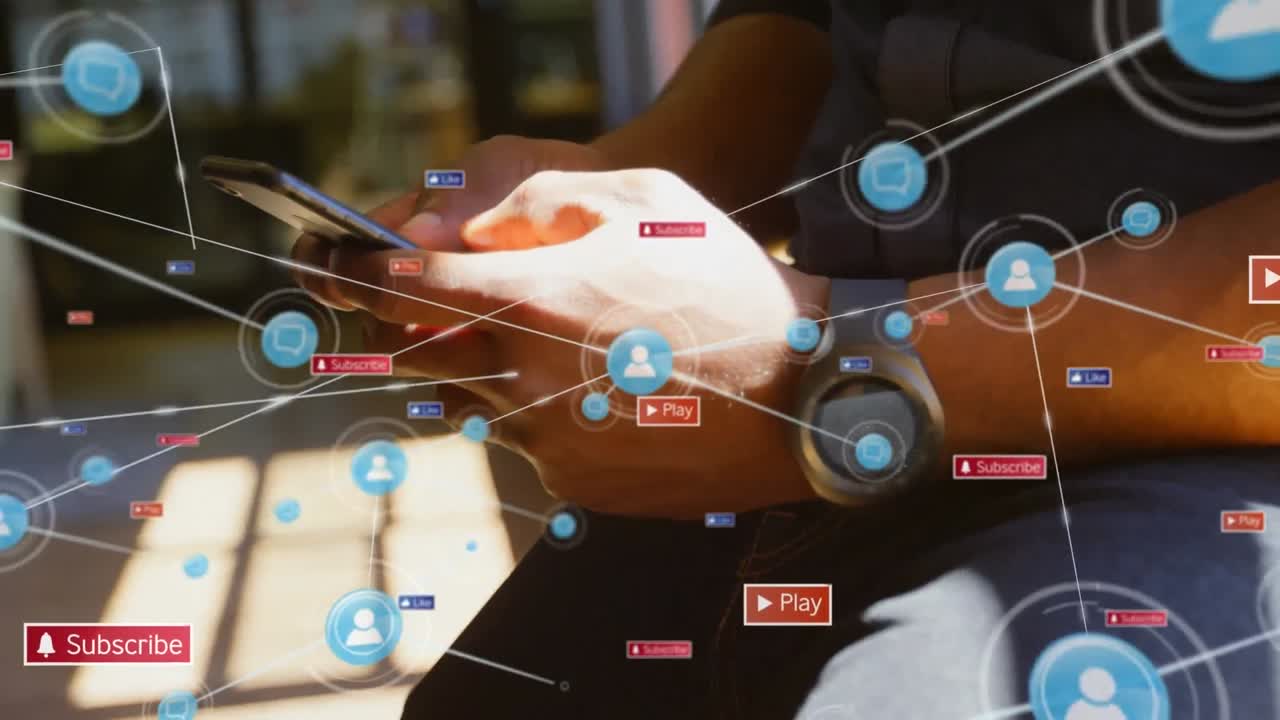 animación de la red de conexiones con iconos sobre el hombre caucásico usando un teléfono inteligente