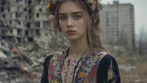 vulnerable woman wearing delicate flower crown standing amid urban ruins, embodying profound loss and emotional devastation from war's devastating impact