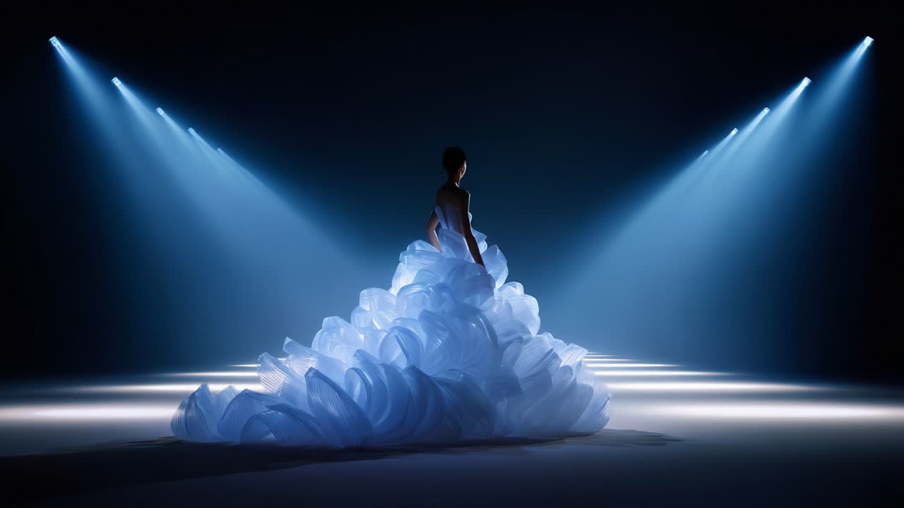 Et fantastisk modeshow: En model klædt i en dramatisk, hvid kjole med flæser, oplyst af skarpt scenelys i en fængslende runway-præsentation