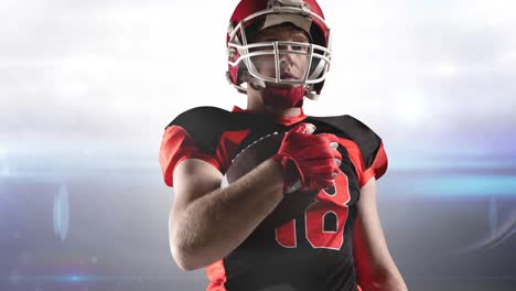 animation of male american football player holding ball, over lens flare at floodlit stadium