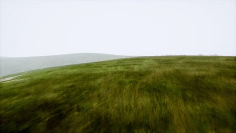 aerial green hills landscape in fog
