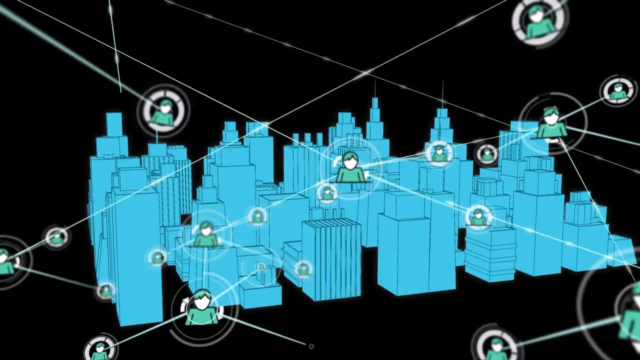 Animation of network of connections with icons over 3d city drawing on black background