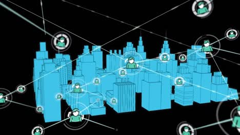 animation of network of connections with icons over 3d city drawing on black background