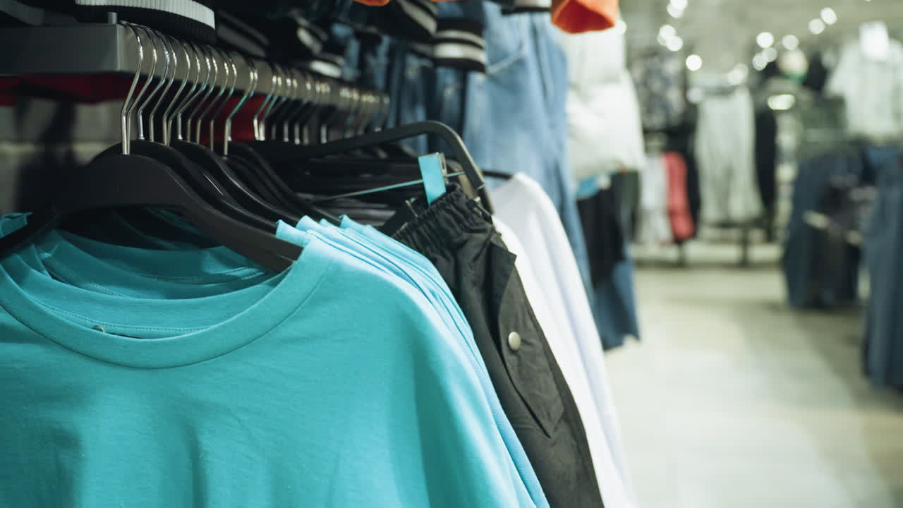 A clothing store displaying a close-up of blue and white clothes neatly hung on hanger.This video highlights the organized display and variety of apparel in a modern retail environment