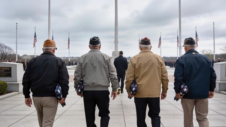 Quattro veterani con berretto camminano verso la piazza dopo il segnale dell'asta della bandiera, trasportando bandiere statunitensi ripiegate per la commemorazione