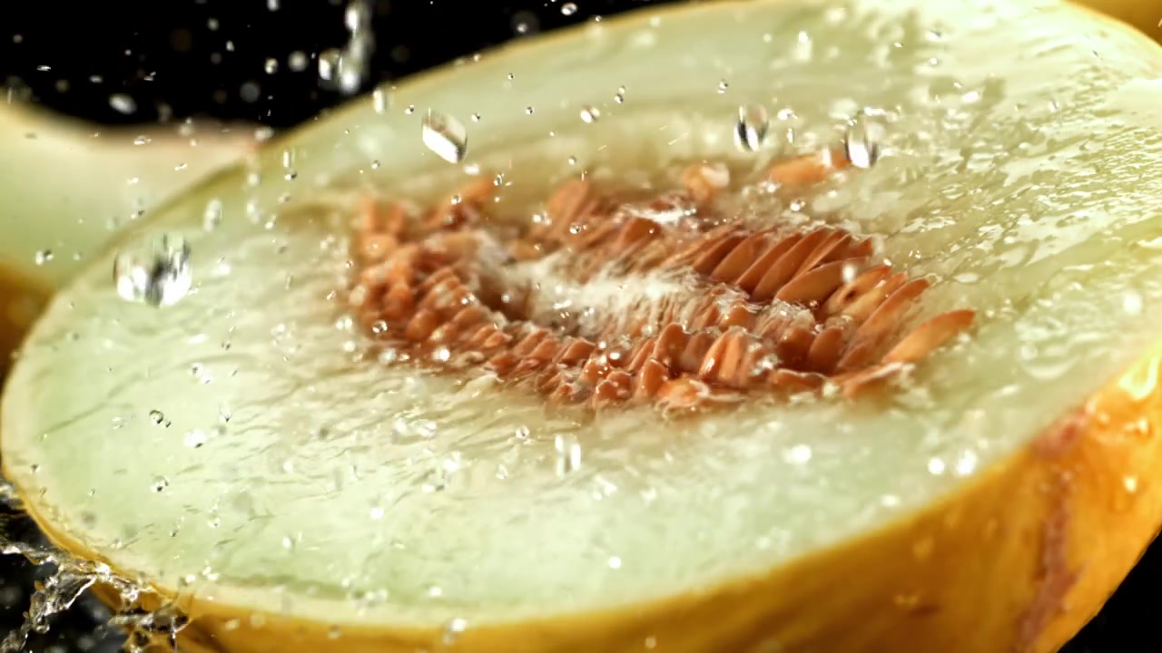 Water Splashing on a Fresh Halved Melon in Slow Motion
