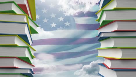 bandera estadounidense y libros escolares