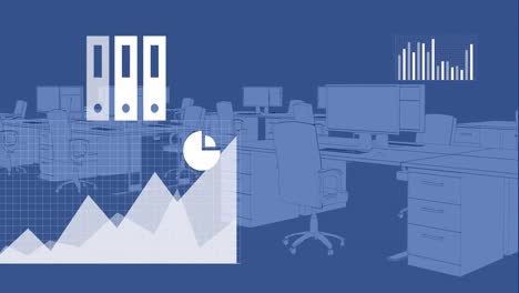 animation of statistical data processing and multiple digital icons against empty office