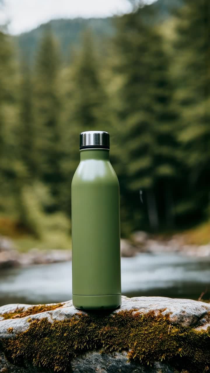Close-up video of a green water bottle on a mossy rock, set against a blurred forest background