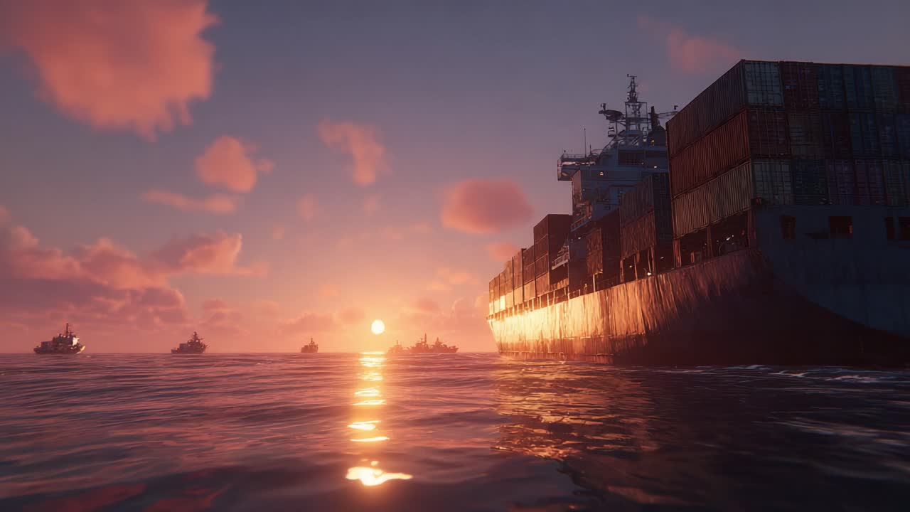 A Tranquil Maritime Sunset: A Cargo Ship Navigates Calm Waters Beneath Colorful Skies and a Hues of Twilight, Surrounded by Smaller Vessels