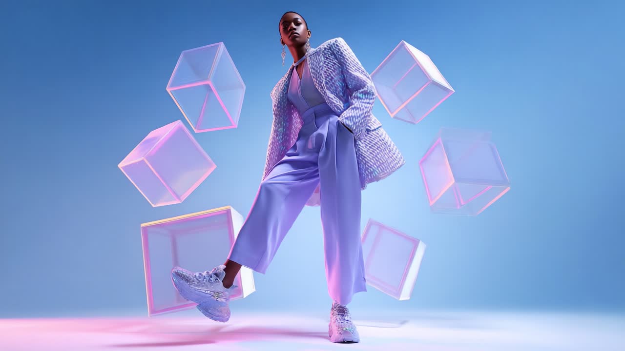 An ethereal fashion-forward model poses confidently in a stylish pastel outfit, surrounded by translucent geometric cubes, showcasing a blend of creativity and contemporary elegance in a vibrant blue and pink setting