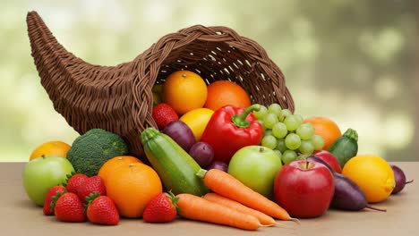 a vibrant cornucopia overflowing with fresh fruits and vegetables, showcasing a colorful assortment of produce in an elegant arrangement