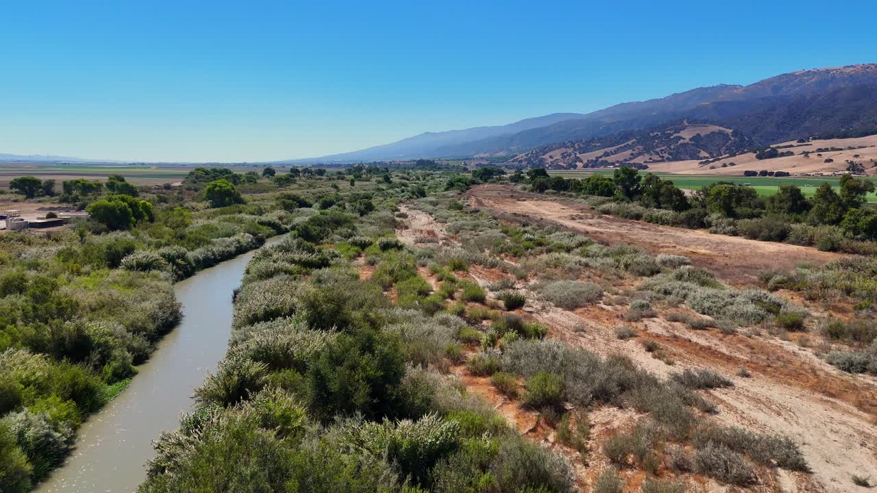 Aerial view of winding Salinas River with surrounding brush and distant hills near Chular California, USA