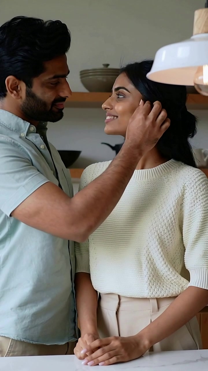 Vertical video: Leaning man in mint shirt tucking her hair at counter, showing love under lamp