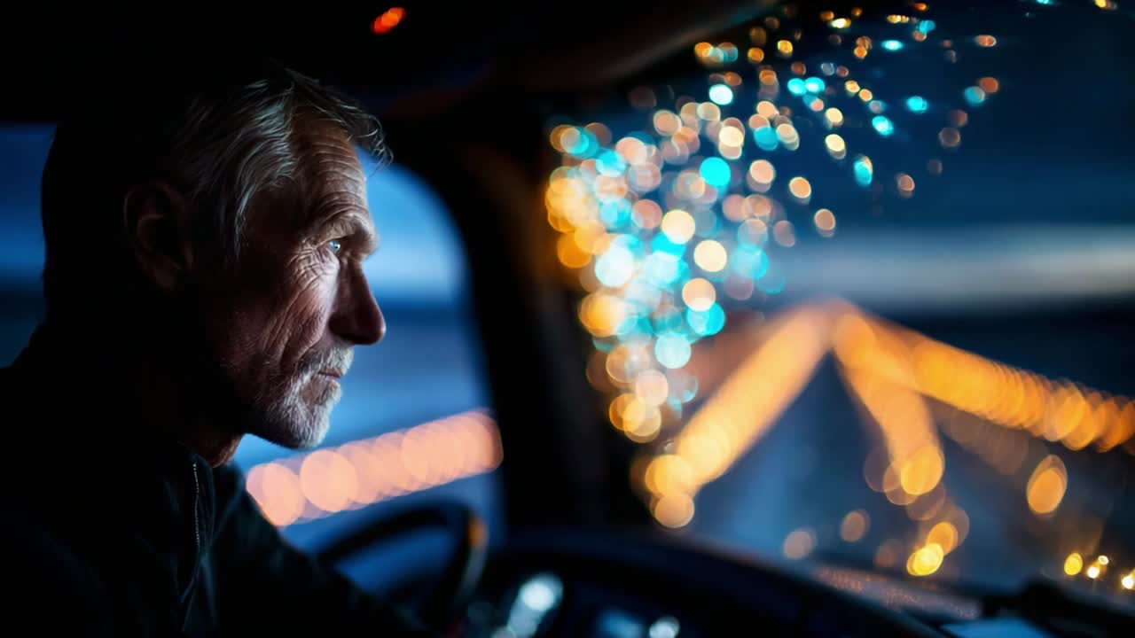 A contemplative moment captured from a truck driver's perspective, showcasing focus and determination against the backdrop of illuminated streets and a blurred night ambiance filled with vibrant bokeh