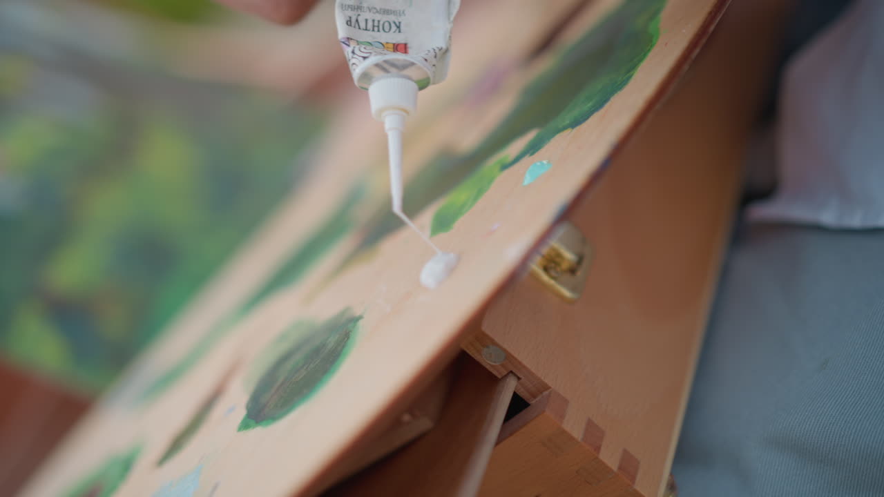tubo de pintura exprimido sobre la paleta añadiendo un medio blanco, primer plano de puntos de imprimación y pintura sobre una tabla de madera, manos preparando el color para trabajos de paisaje, mezcla cuidadosa de pigmento y aglutinante, iluminación de estudio en exteriores