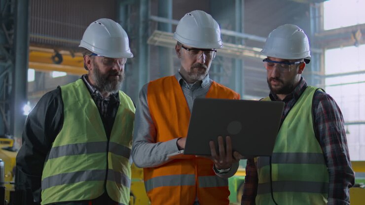Industrial Workers Reviewing Data on Laptop