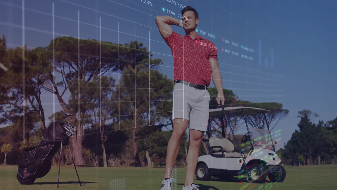 male golfer standing on fairway, viewing floating financial charts and stock data overlays