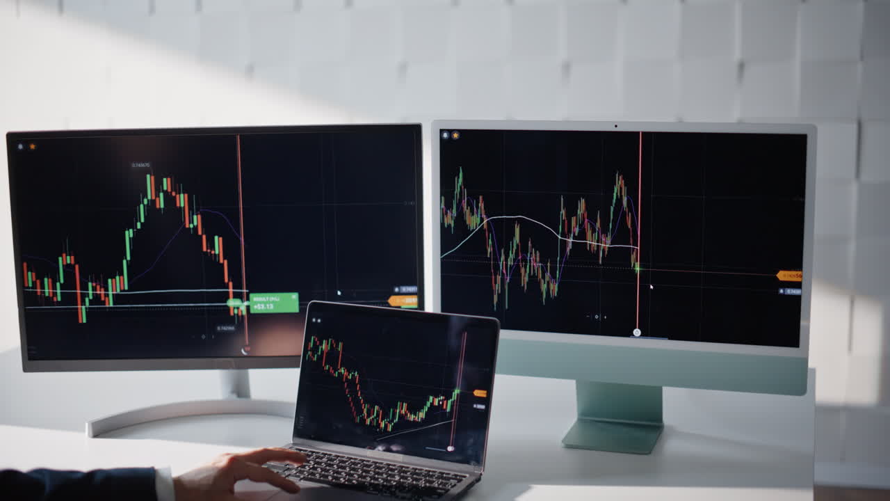 Glowing bar graph rising on electronic display detail view. Trading platform