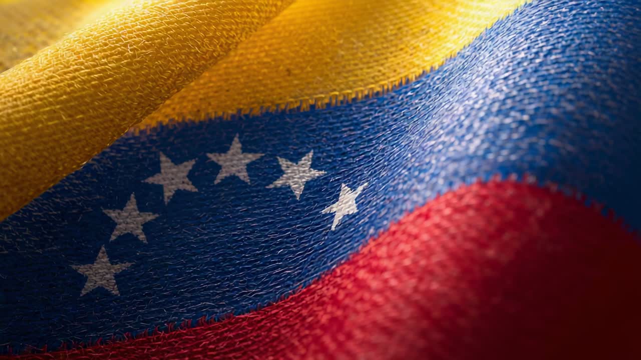 Tecido com a bandeira tricolor venezuelana tremulando suavemente com a brisa do estúdio, exibindo oito estrelas brancas