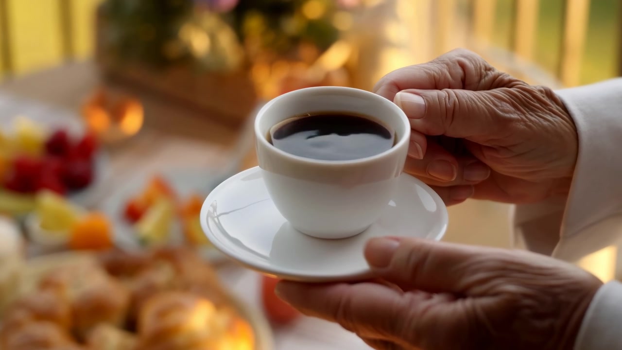 Close-up mostra mãos envelhecidas segurando uma xícara e pires de porcelana branca em uma pose de servir de apoio, com a mão direita segurando a alça e a mão esquerda firmando o pires sob uma luz quente, com café na xícara.