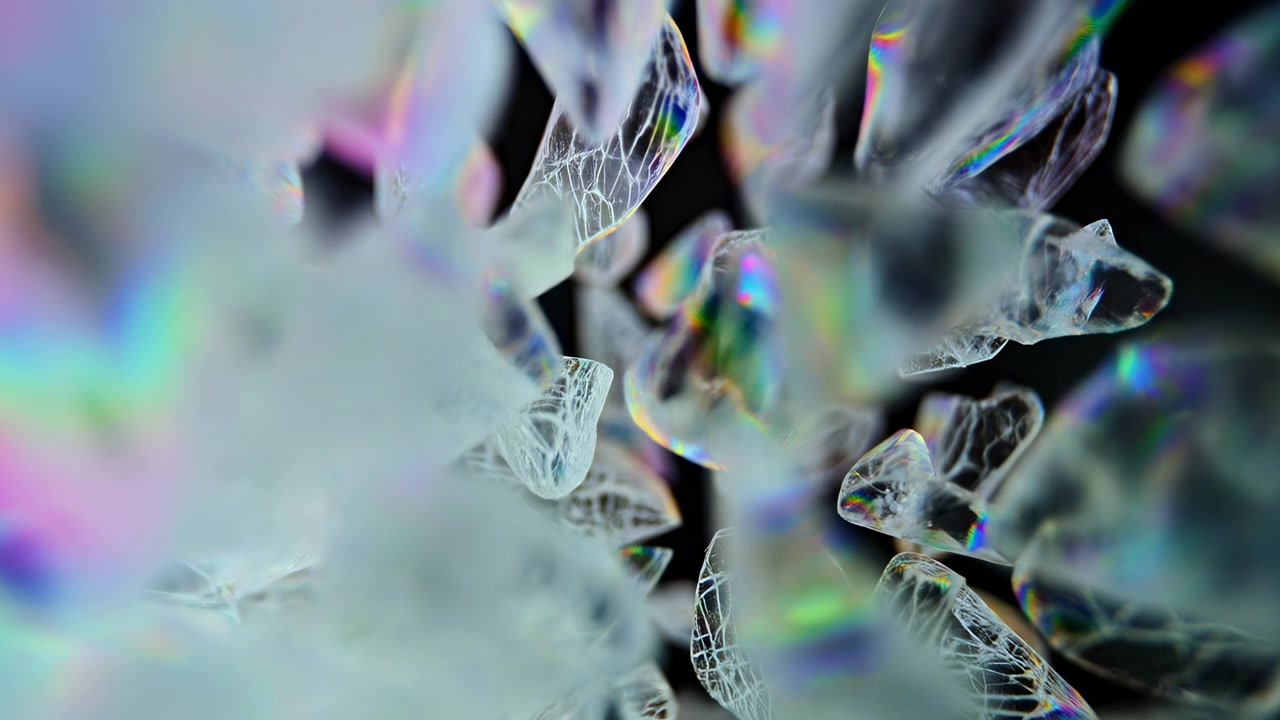 Crystal formations shimmering and reflecting light, in dark background, with crystal formations, with glass-like crystals texture, from a close-up side view perspective, with white, black accents.