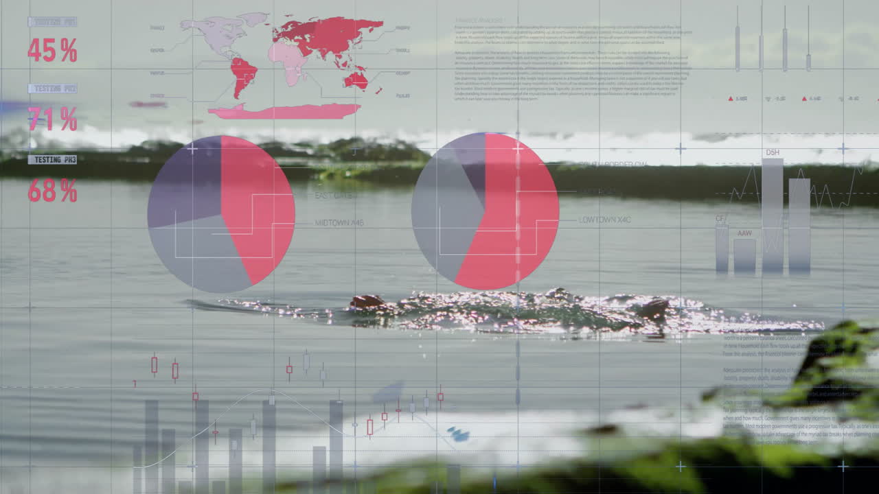 Animation of data visualization graphics with pie charts and maps over river landscape