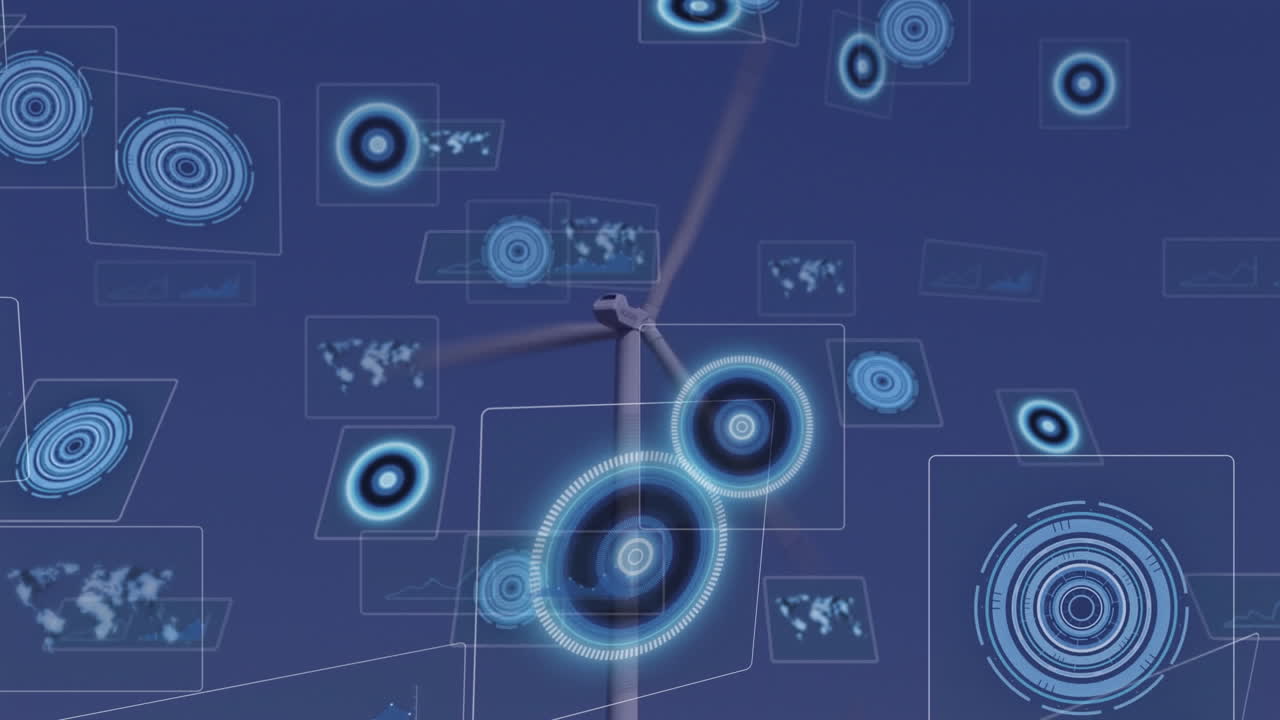 Animation af databehandling med en scannende effekt over en vindmølle.