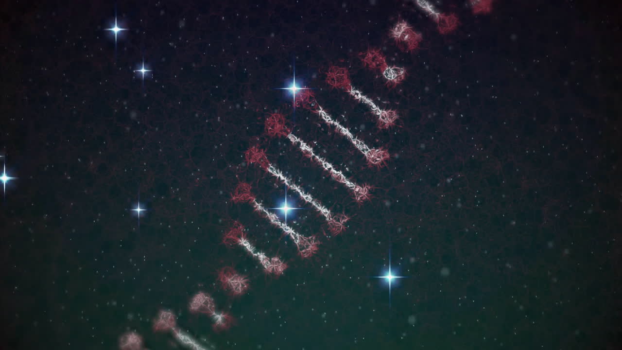 Processing scientific data animation, dna strand glowing with stars in background