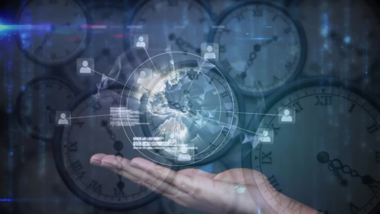 데이터 처리, 연결 네트워크 및 여러 시계에 걸쳐 지구의 애니메이션이 빠르게 움직입니다.