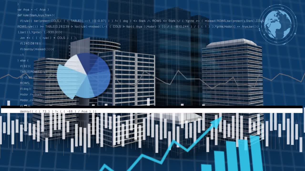 Animation of financial data processing over city