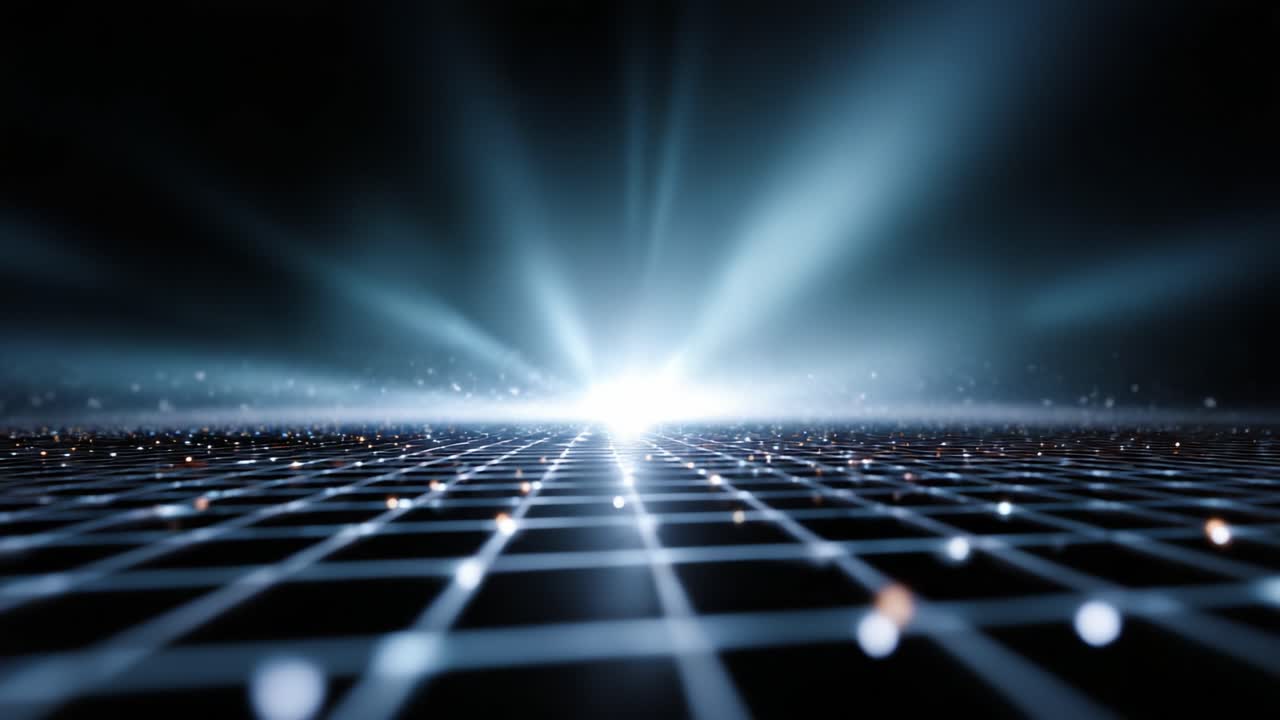 A mesmerizing visual display of light beams, particles, and grid patterns creating an ethereal atmosphere that captivates the viewer's imagination and senses