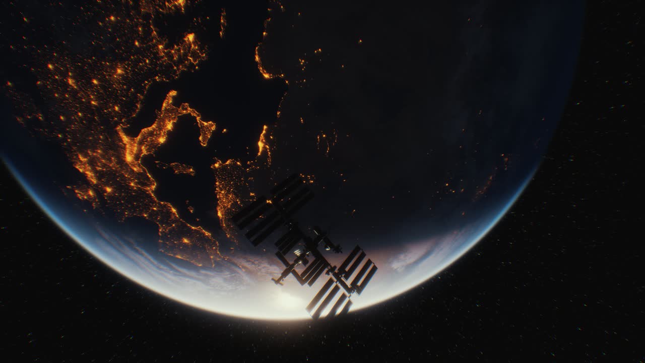 지구  ⁇ 도 위의 우주 공간에 있는 국제 우주 정거장