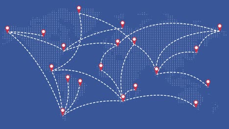 navigation world map and many red checkpoints icon with routes lines between it.