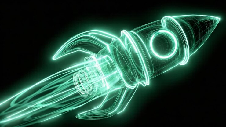 Concetto animato di un razzo verde neon futuristico che decolla nello spazio profondo, lasciando una scia luminosa, a simboleggiare la crescita di una startup, l'innovazione tecnologica, la velocità, l'energia e il progresso