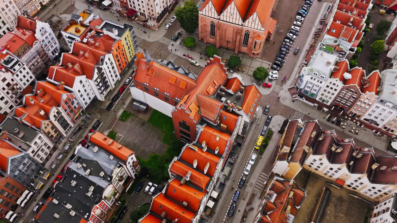 Top down establishing of Elblag Poland with traditional houses and red roofs