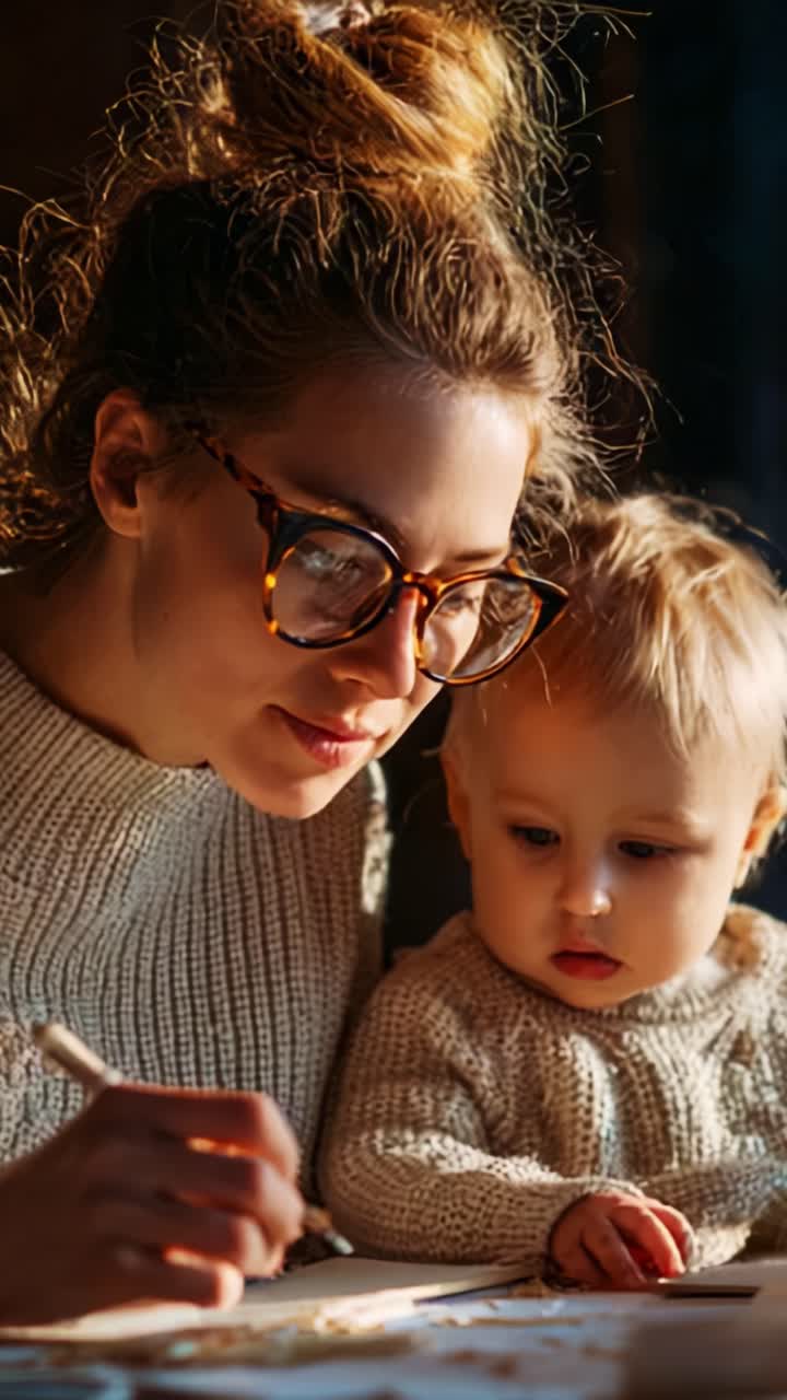 Ein zärtlicher Moment: Eine Mutter, die sich in gemütlicher Atmosphäre kreativ mit ihrem Kind beschäftigt und so die Essenz von Verbundenheit und Freude im Alltag einfängt
