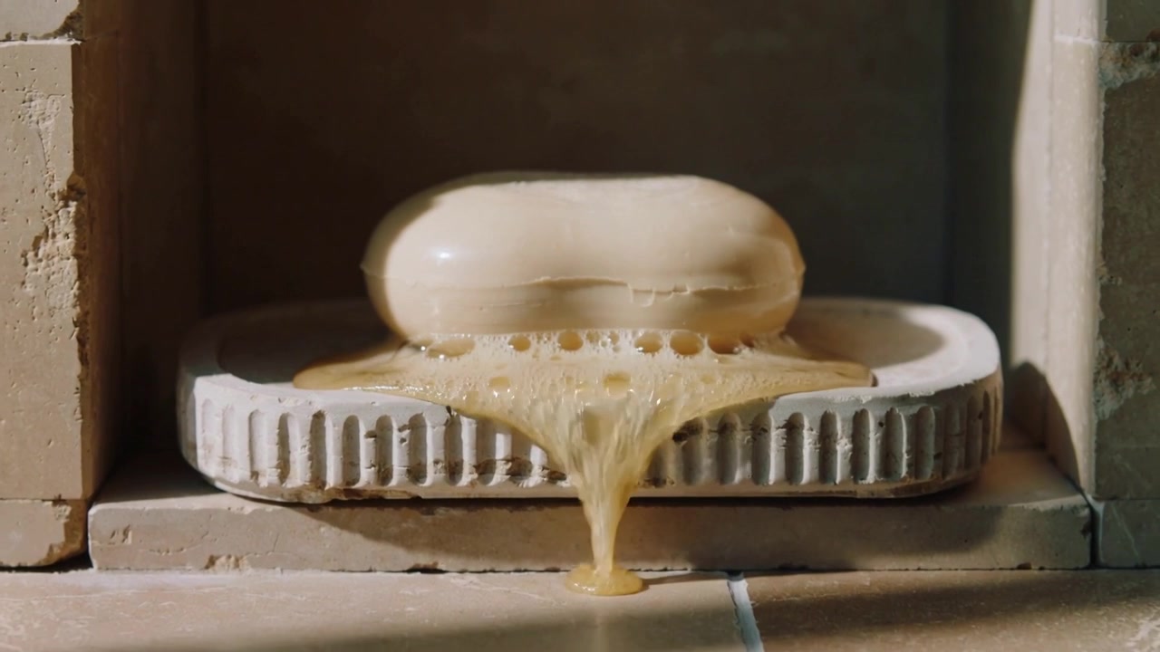 Dripping soap bar releasing foamy liquid with base wetting on ridged dish in recessed niche