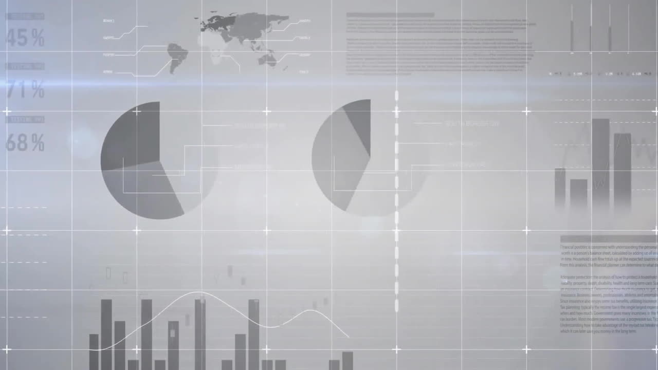 Animation of financial data processing over grey background