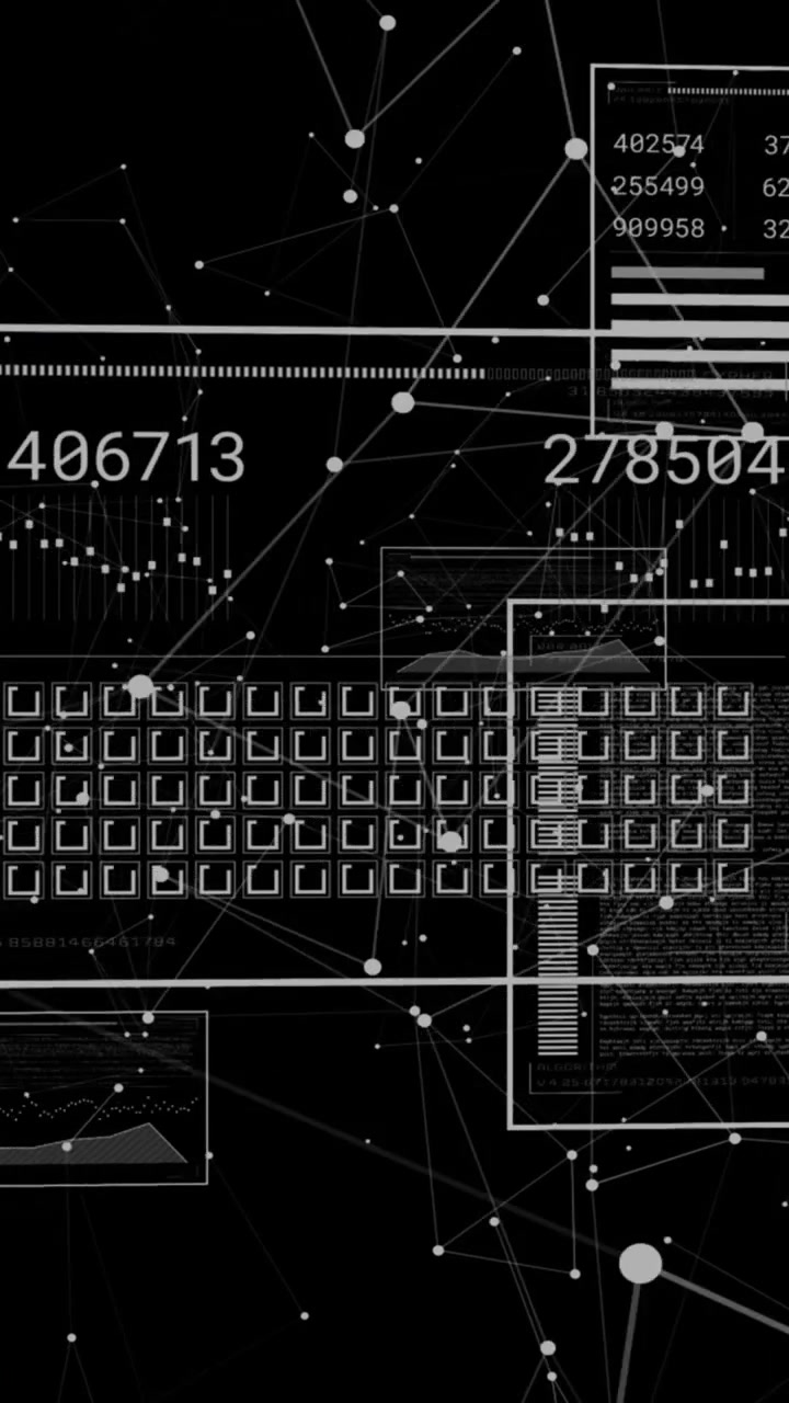 Animation of network of connections over data processing on black background