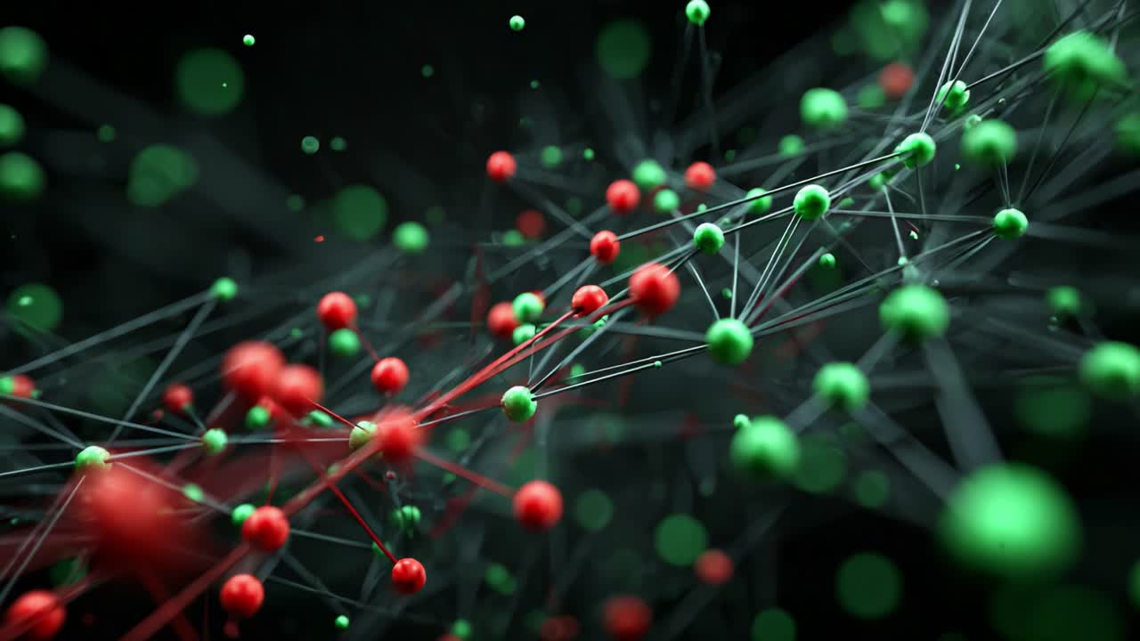 Dynamic Visualization of Colorful Molecular Structures: A Close-Up Perspective Highlighting Interconnected Red and Green Spheres Against a Dark Background