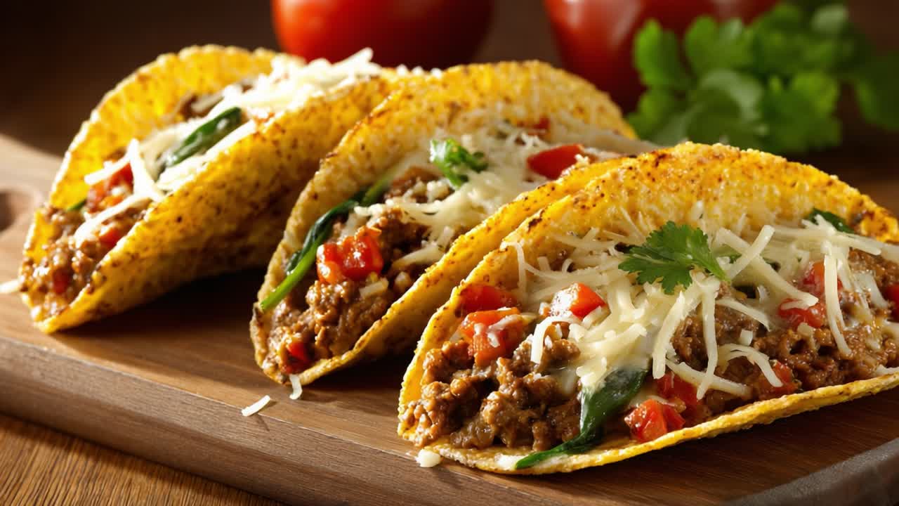 Deliciously Prepared Beef Tacos with Fresh Vegetables and Cheese, Capturing the Joy of Culinary Art in Each Flavorful Bite on a Wooden Platter