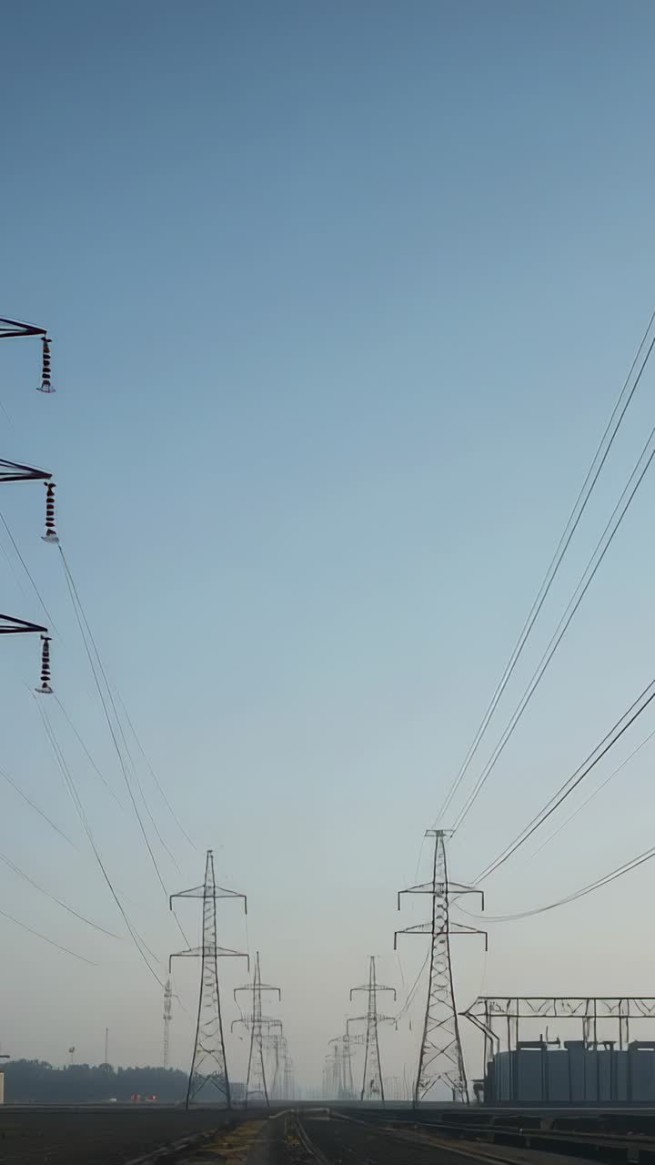 Vertical video: Panning camera showing pylons receding along corridor with power lines for review