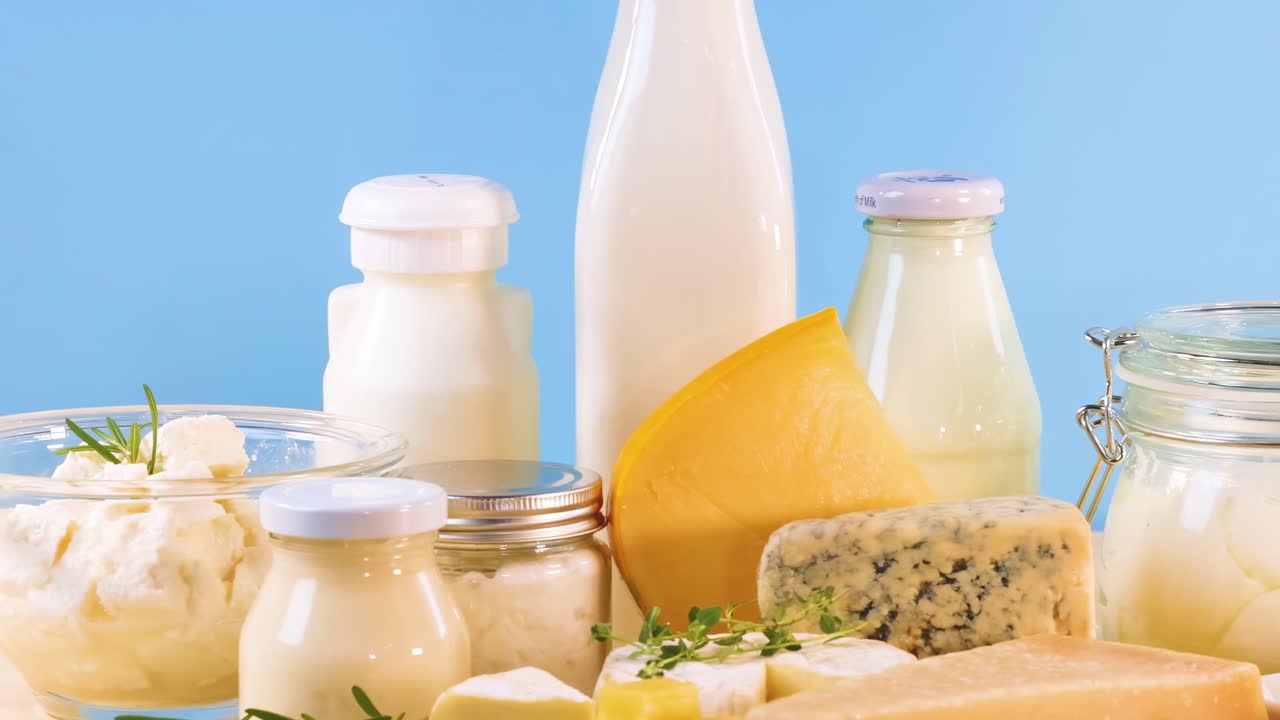 A selection of dairy items including milk, cheese, and yogurt displayed against a blue backdrop.