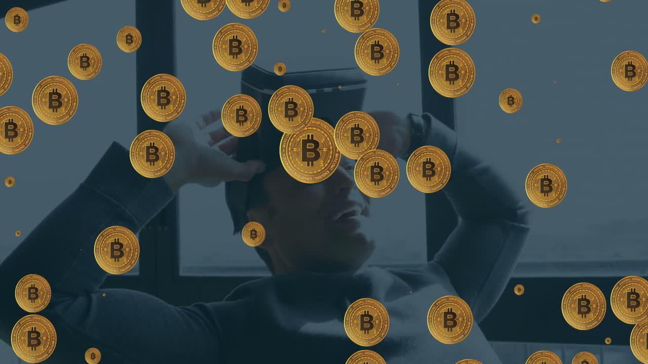 animación de bitcoins sobre el hombre caucásico usando auriculares vr