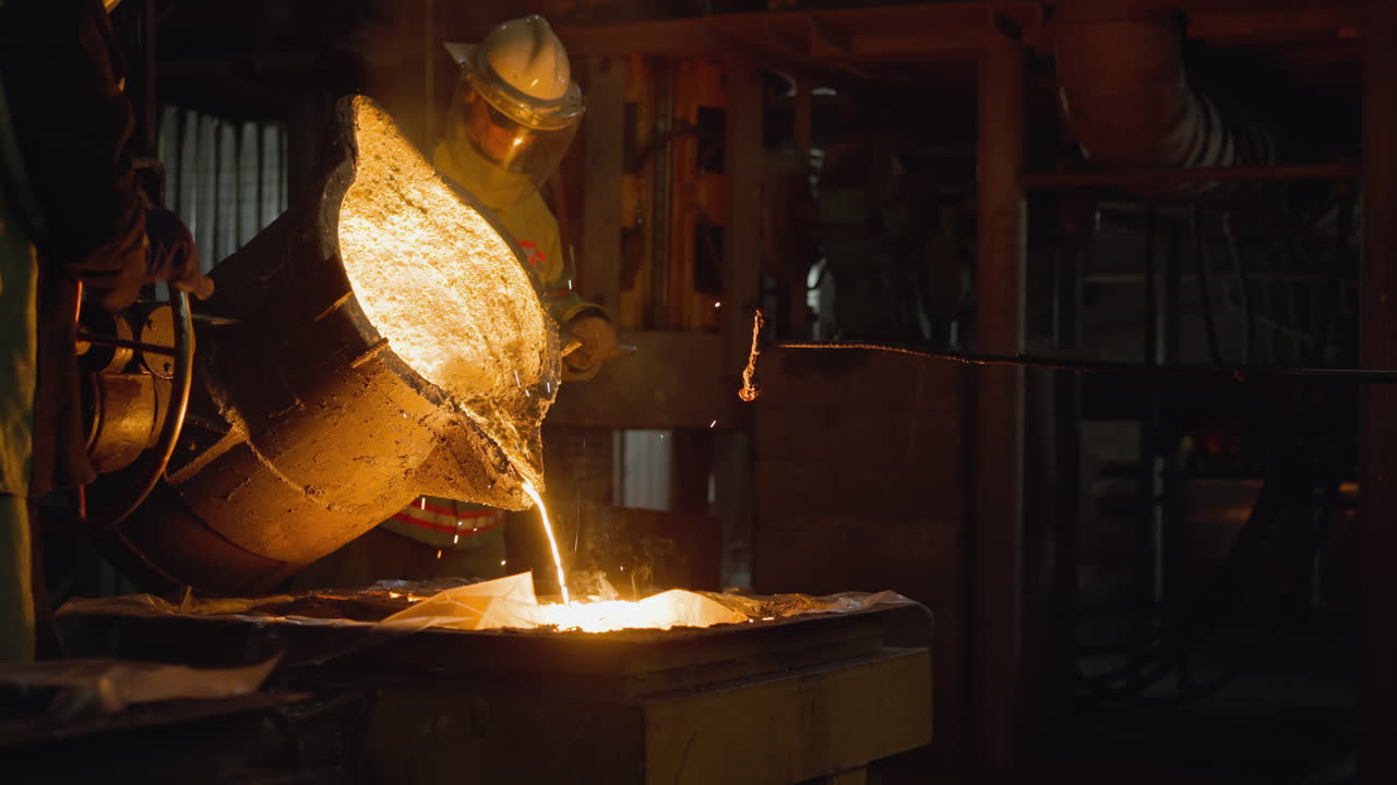 Molten metal being poured from a furnace by a worker in protective clothing