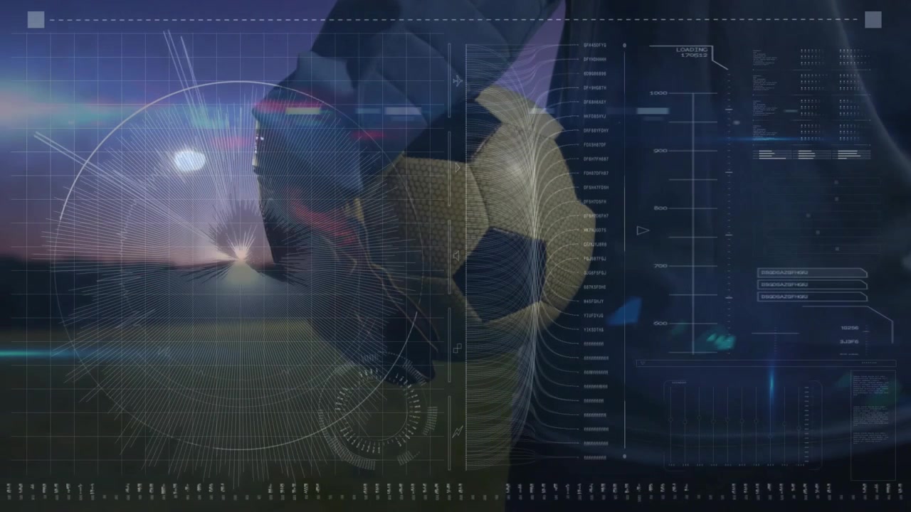 woman goalkeeper initiating sports analytics HUD scanning turf and holding soccer ball for tactics