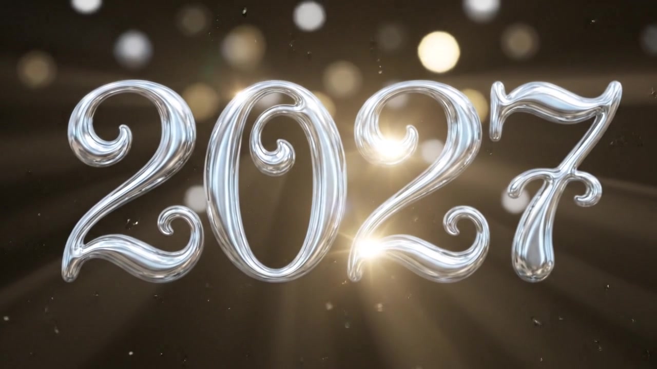 Numeri animati del nuovo anno 2027 con scritte delineate argento-blu e sfondo scuro