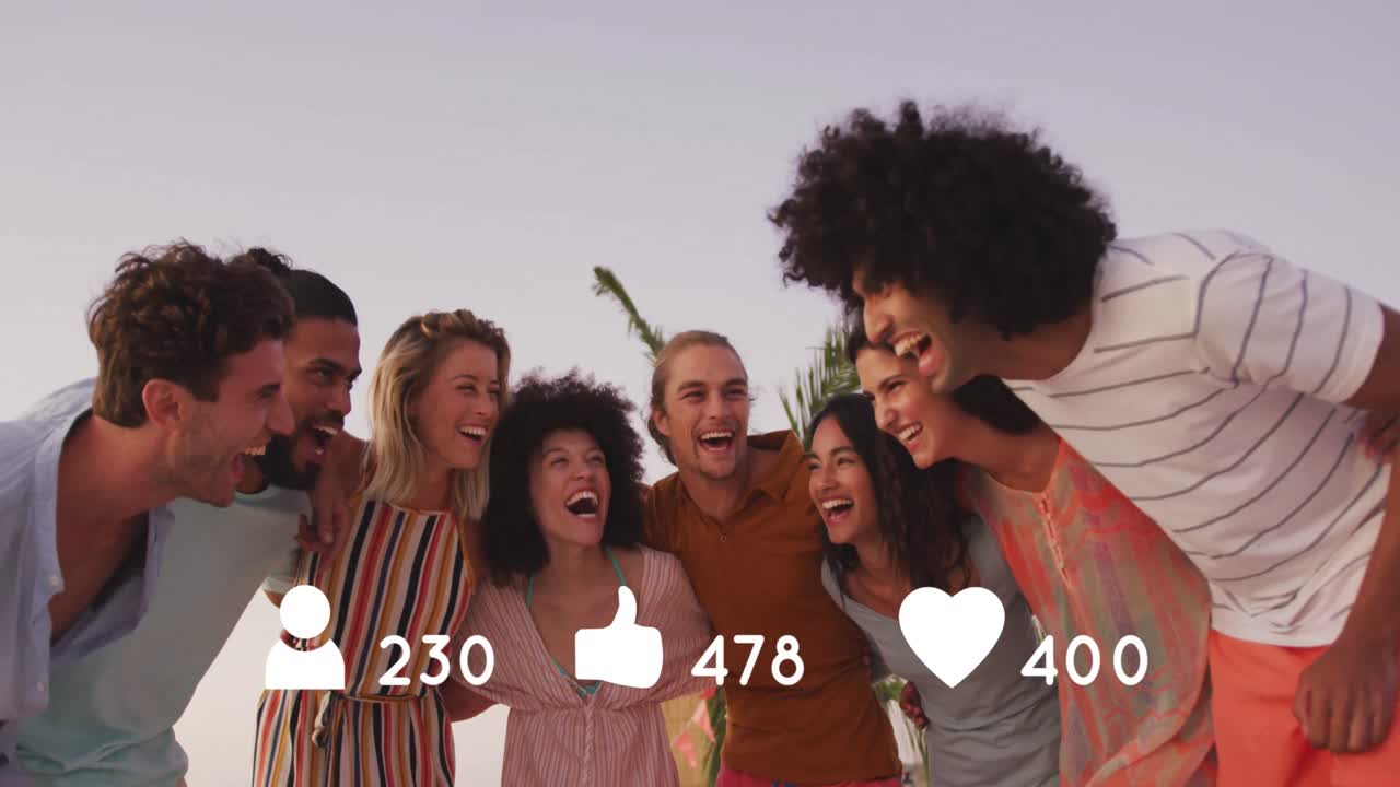 animación de personas, pulgares hacia arriba y iconos de corazón con números sobre amigos que hacen fiesta en la playa