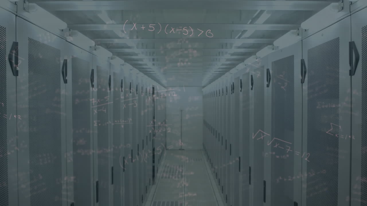 Mathematical equations against empty server room